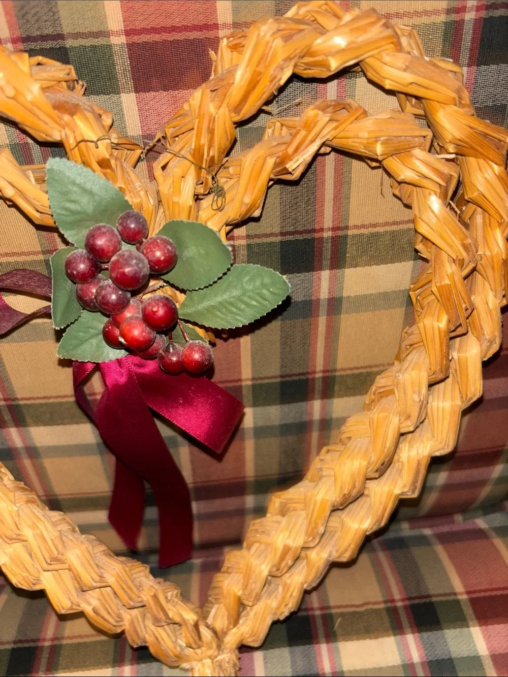 Heart-Shaped Woven Straw Holiday Wreath with Red Berry Accent 12 inches